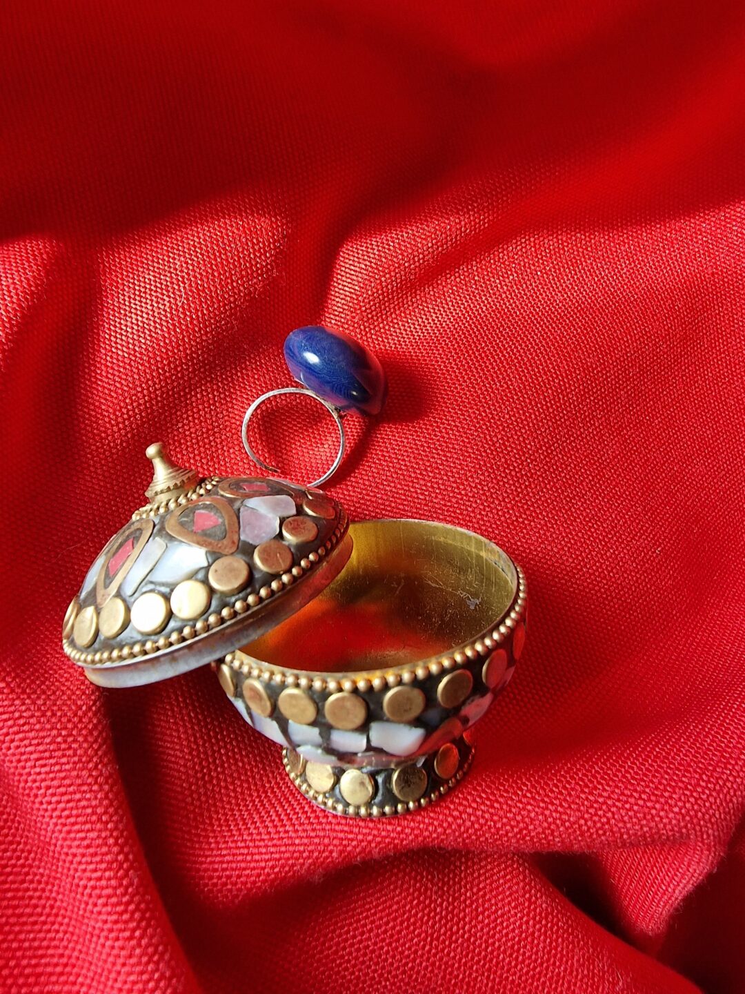 Moroccan old handmade box & blue stone ring
